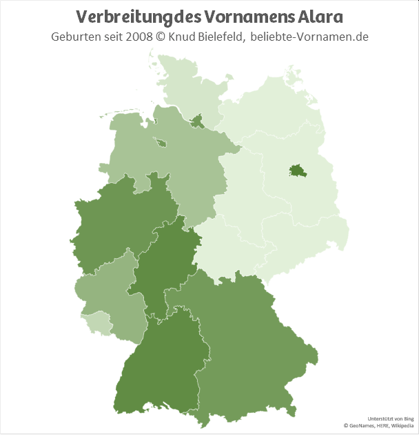 Am beliebtesten ist der Name Alara in Berlin, Hessen und Baden-Württemberg.
