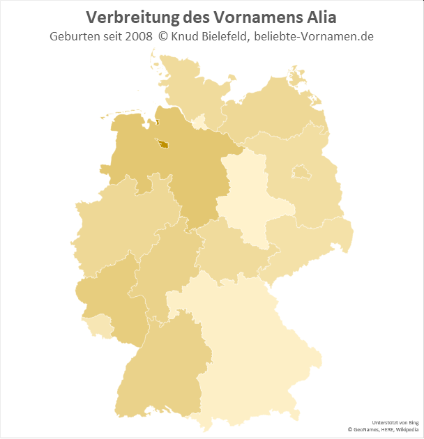 Am beliebtesten ist der Name Alia in Bremen und in Niedersachsen.