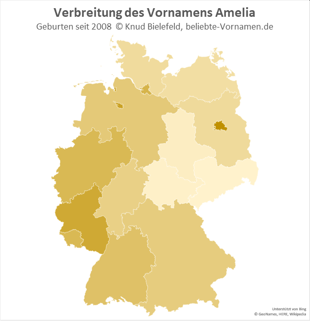Am beliebtesten ist der Name Amelia in Berlin, Bremen und Rheinland-Pfalz.