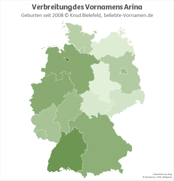 Besonders populär ist der Name Arina in Bremen und in Baden-Württemberg.  