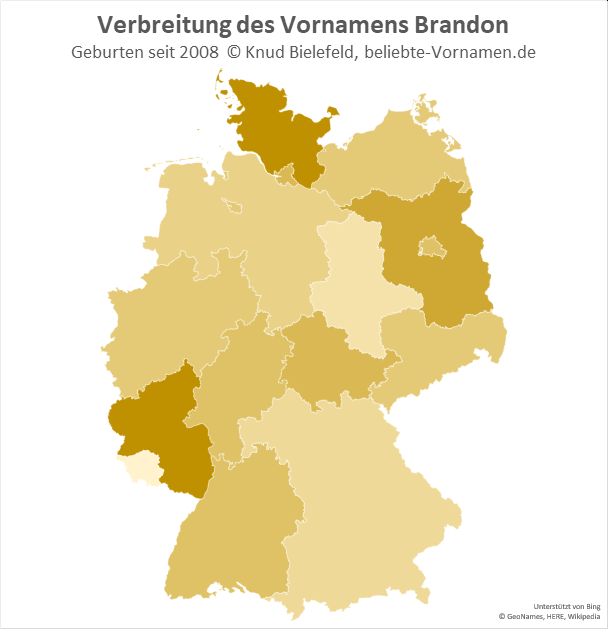 Am beliebtesten ist der Name Brandon in Schleswig-Holstein und Rheinland-Pfalz.
