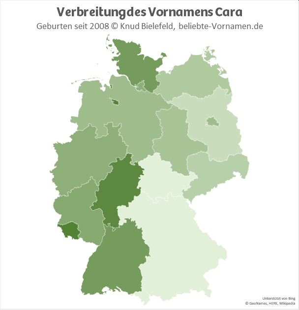 Am beliebtesten ist der Name Cara in Hessen, in Bremen und im Saarland.