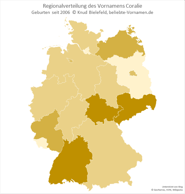In Baden-Württemberg, Thüringen und Sachsen ist der Mädchenname Coralie relativ beliebt.