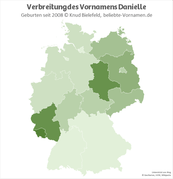 Am beliebtesten ist der Name Danielle im Saarland, In Rheinland-Pfalz und in Sachsen-Anhalt.
