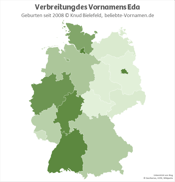 Am beliebtesten ist der Name Eda in Hamburg, Berlin, Hessen und Baden-Württemberg.