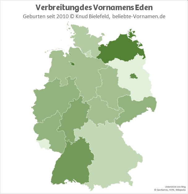 In den Bundesländern Bremen und Mecklenburg-Vorpommern ist der Name Eden am beliebtesten.