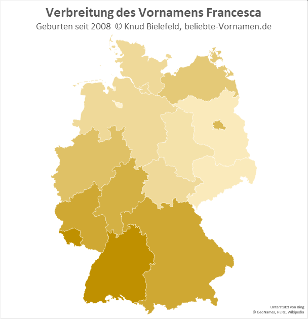 Im Saarland und in Baden-Württemberg ist der Name Francesca besonders beliebt.