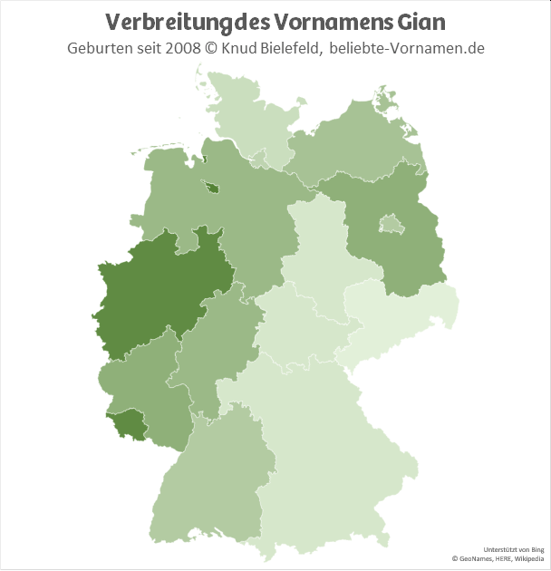In Nordrhein-Westfalen, im Saarland und in Bremen ist der Name Gian besonders beliebt.