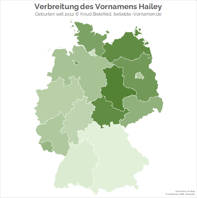 Am beliebtesten ist der Name Hailey in Sachsen-Anhalt, Mecklenburg-Vorpommern und Thüringen.