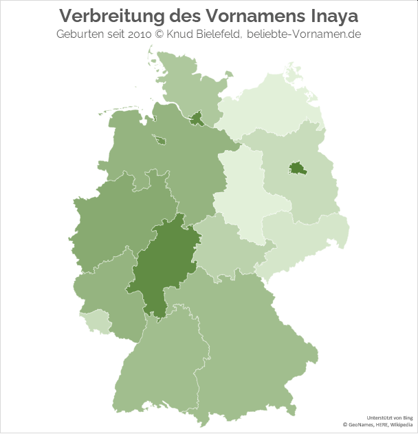 Am beliebtesten ist der Name Inaya in den Bundesländern Hessen, Hamburg und Berlin.