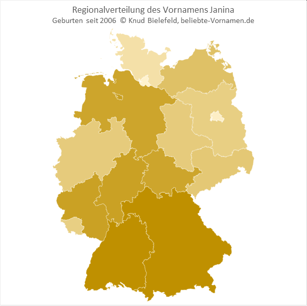 Am beliebtesten ist der Name Janina in Baden-Württemberg und in Bayern.