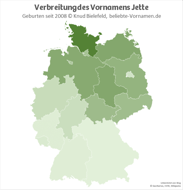 Am beliebtesten ist der Name Jette in Schleswig-Holstein. In Süddeutschland ist dieser Vorname dagegen nur wenig verbreitet.