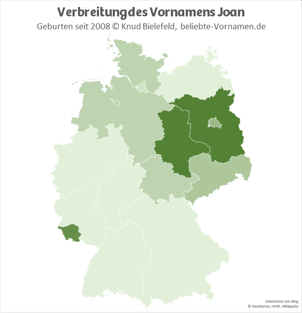 Besonders beliebt ist der Name Joan in Brandenburg, in Sachsen-Anhalt und im Saarland.