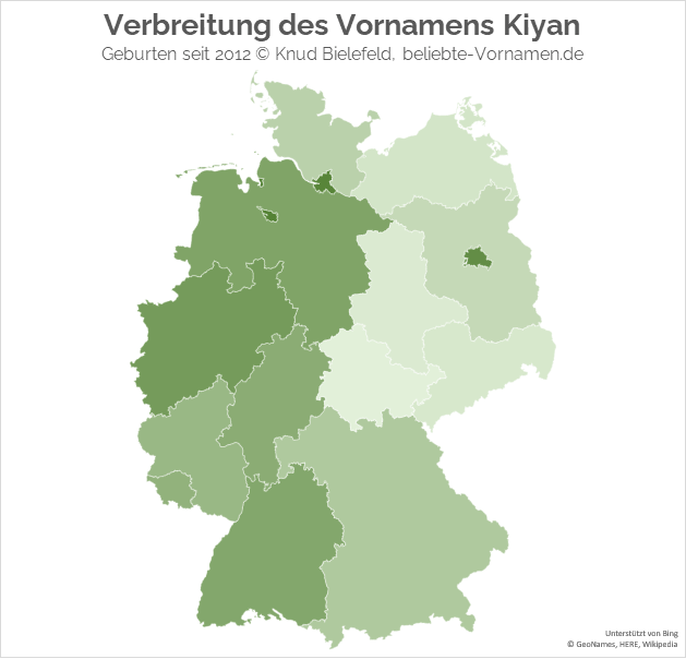 Am beliebtesten ist der Name Kiyan in den Stadtstaaten Berlin, Hamburg und Bremen und am unbeliebtesten in Thüringen.