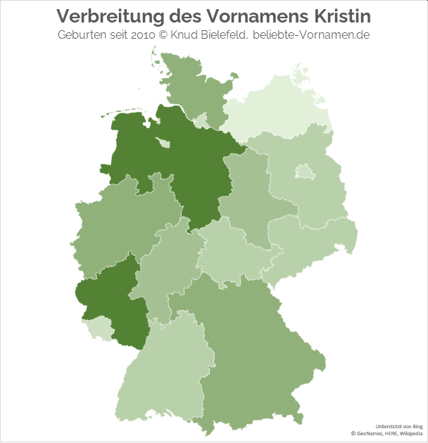 Am beliebtesten ist der Name Kristin in den Bundesländern Niedersachsen und Rheinland-Pfalz.