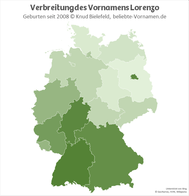 Der Name Lorenzo ist in Süddeutschland viel beliebter als in Norddeutschland mit Berlin als Ausnahme.