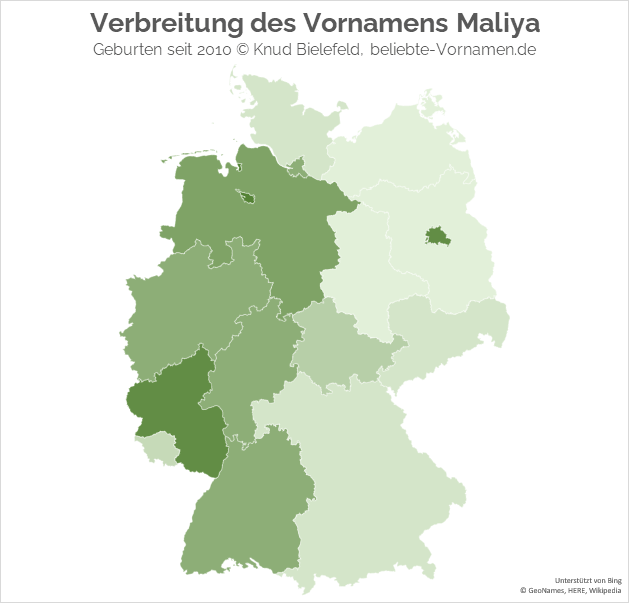 Besonders beliebt ist der Name Maliya in den Bundesländern Bremen, Berlin und Rheinland-Pfalz.