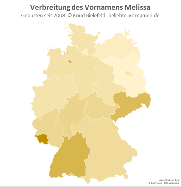Am beliebtesten ist der Name Melissa im Saarland, in Baden-Württemberg und in Sachsen.