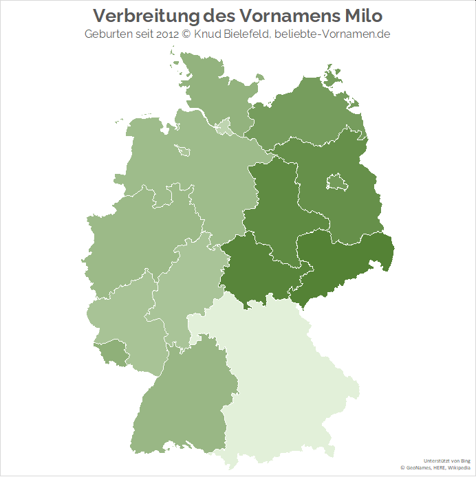 In Thüringen Hop, in Bayern Flop – die regionale Verbreitung des Namens Milo zeigt einen extremen Gegensatz dieser beiden östlichen Bundesländer.