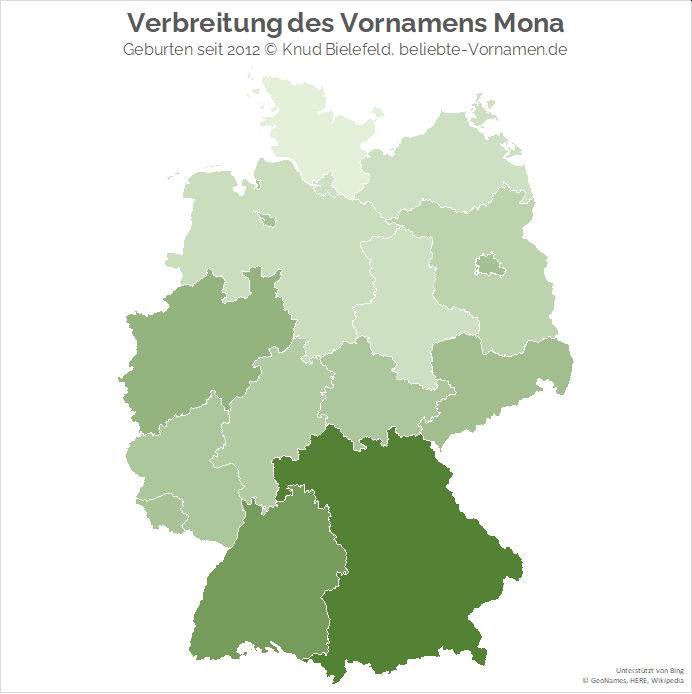 Tendenziell ist der Name Mona im Südwesten beliebter als im Nordosten Deutschlands.