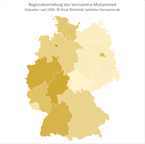 In Hessen, Nordrhein-Westfalen und Baden-Württemberg ist der Name Muhammed besonders beliebt.