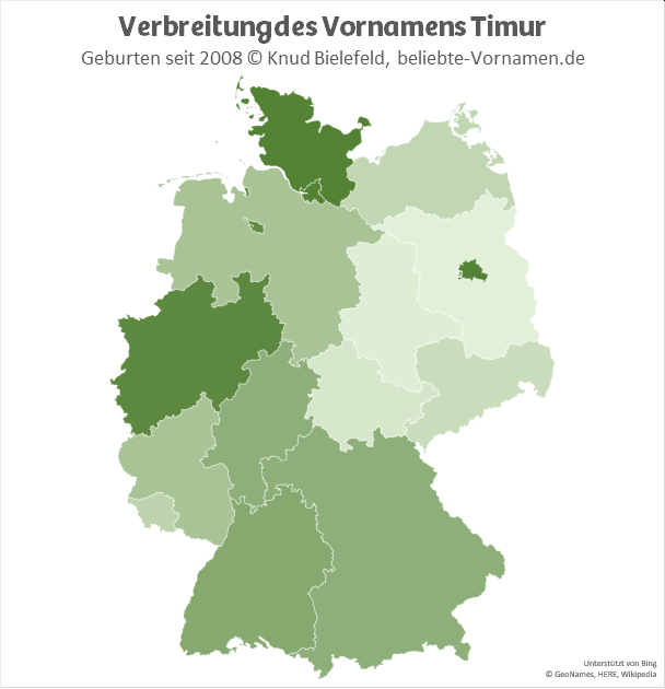Besonders beliebt ist der Name Timur in Schleswig-Holstein, Hamburg, Berlin und Nordrhein-Westfalen.