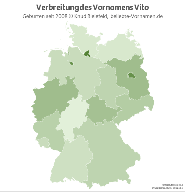Am beliebtesten ist der Name Vito in den Stadtstaaten Hamburg, Bremen und Berlin.